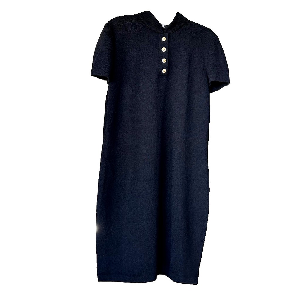 VTG St John Collection Shirt Dress Womens 14 Black Santana Knit Gold Buttons USA
